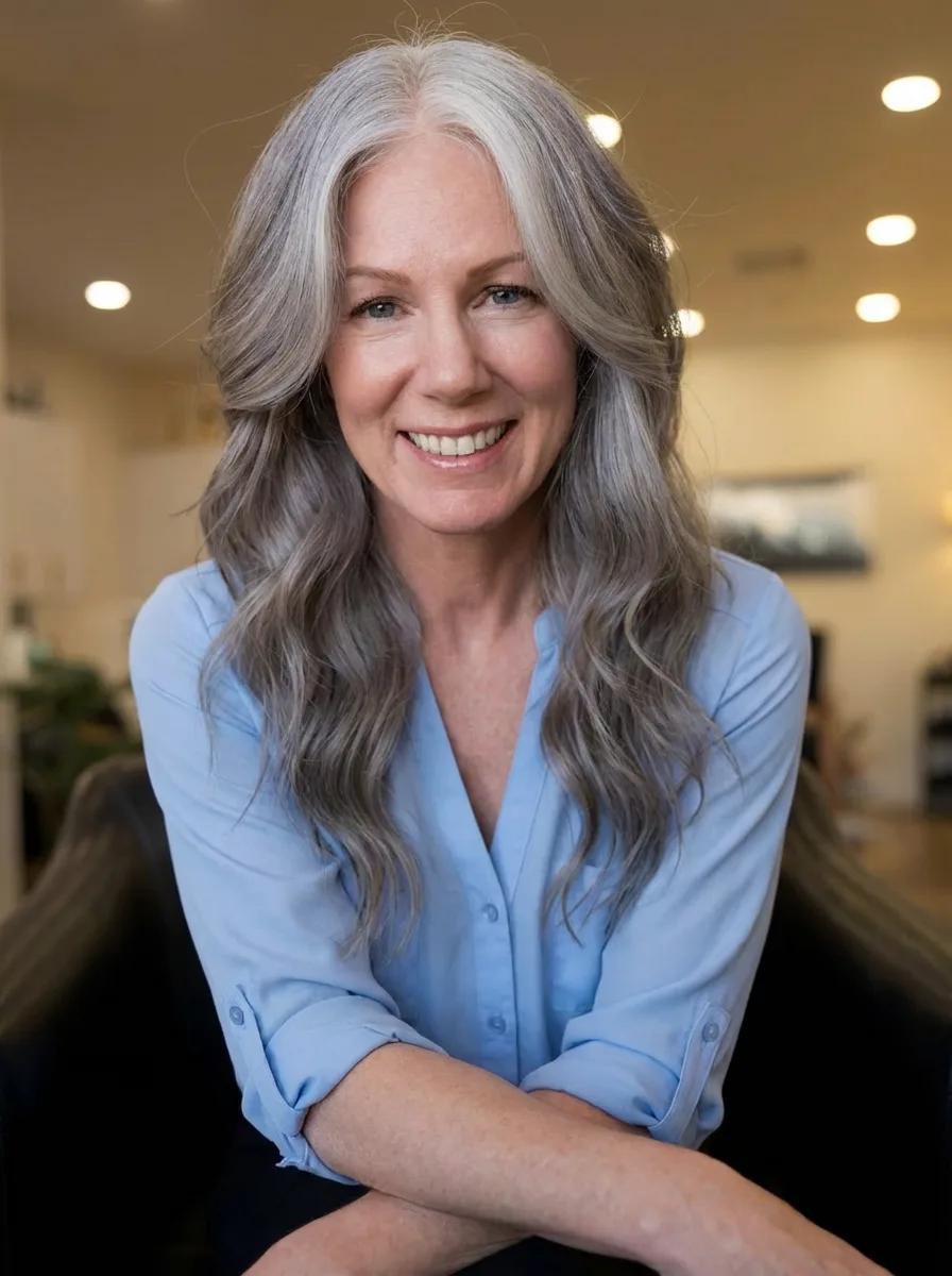 Versatile Long Layers in Silver Frost with Wavy Texture